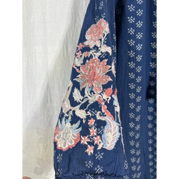 J Jill Dress Large Blue Embroidered Floral Pockets Tassel Knee Length Boho Flowy - Picture 3 of 13